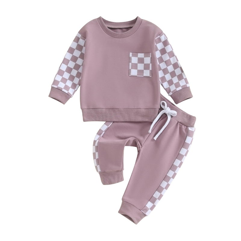 BeQeuewll Baby Girl Clothes Fall Winter Outfits Long Sleeve Sweatsuit Checkboard Sweatshirt and Pants Toddler Infant Clothing (purple, 18-24 Months) - Image 1