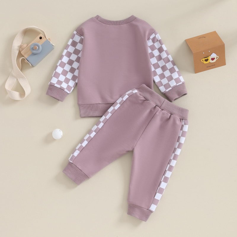 BeQeuewll Baby Girl Clothes Fall Winter Outfits Long Sleeve Sweatsuit Checkboard Sweatshirt and Pants Toddler Infant Clothing (purple, 18-24 Months) - Image 3