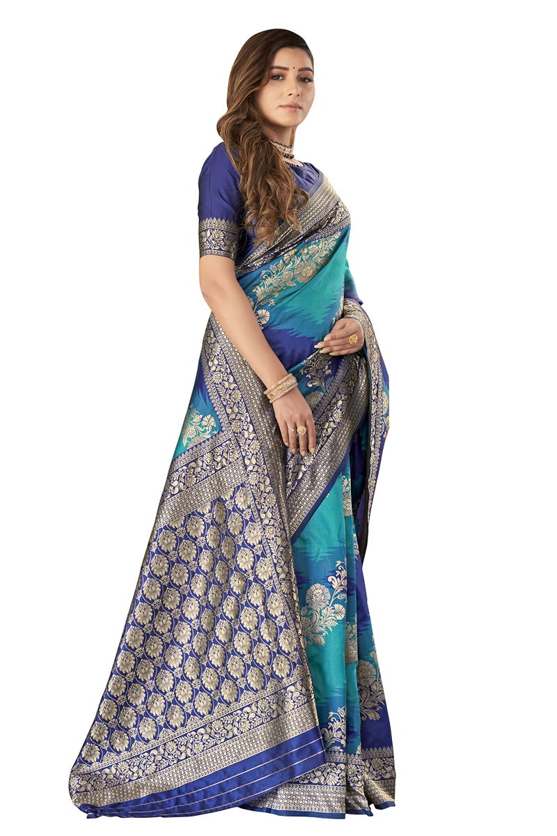 MANOHARI Women's Traditional Most Heavy Banarasi Silk With Woven Design Fully Jacquard Work Blue Saree With Blouse Piece - Image 5