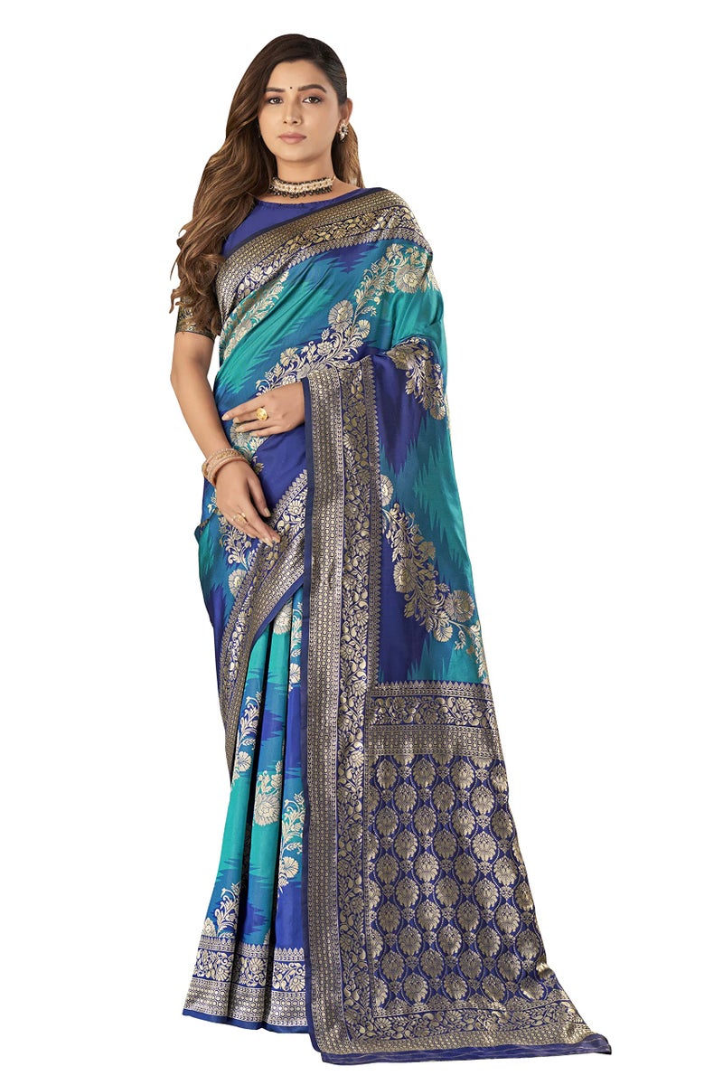 MANOHARI Women's Traditional Most Heavy Banarasi Silk With Woven Design Fully Jacquard Work Blue Saree With Blouse Piece - Image 1