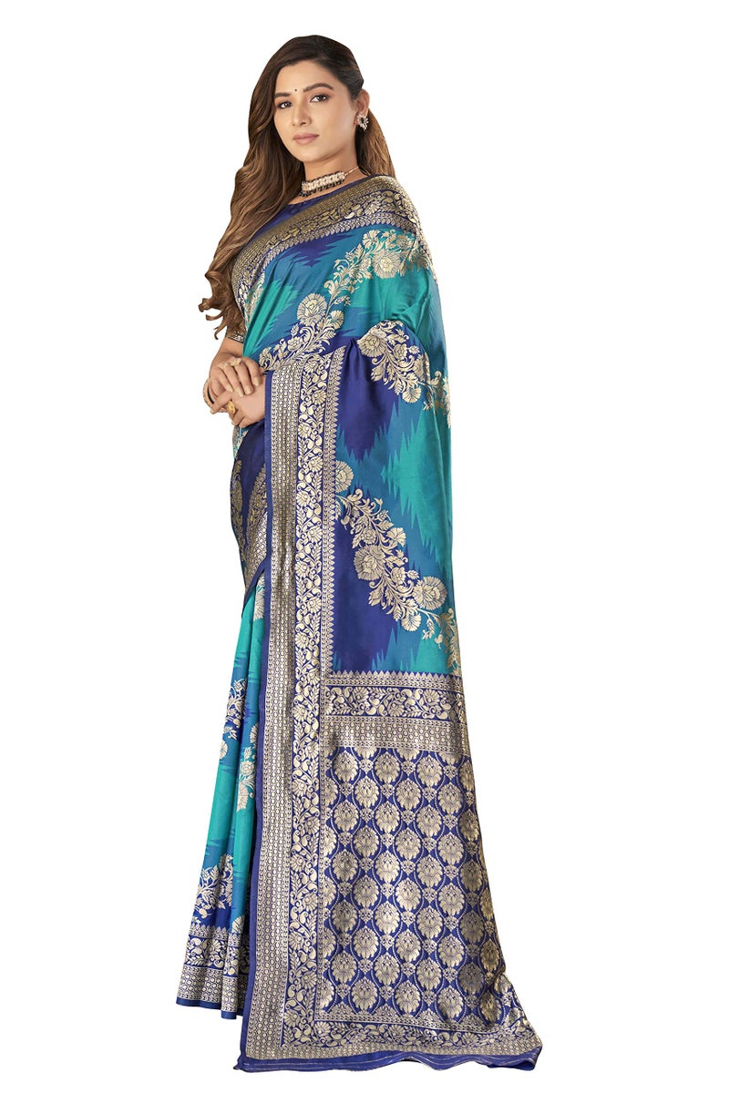 MANOHARI Women's Traditional Most Heavy Banarasi Silk With Woven Design Fully Jacquard Work Blue Saree With Blouse Piece - Image 2