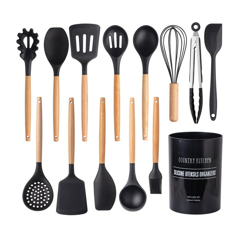 Country Kitchen Non Stick Silicone Utensil Set with Rounded Wood Handles for Cooking and Baking 14 Piece Set Black