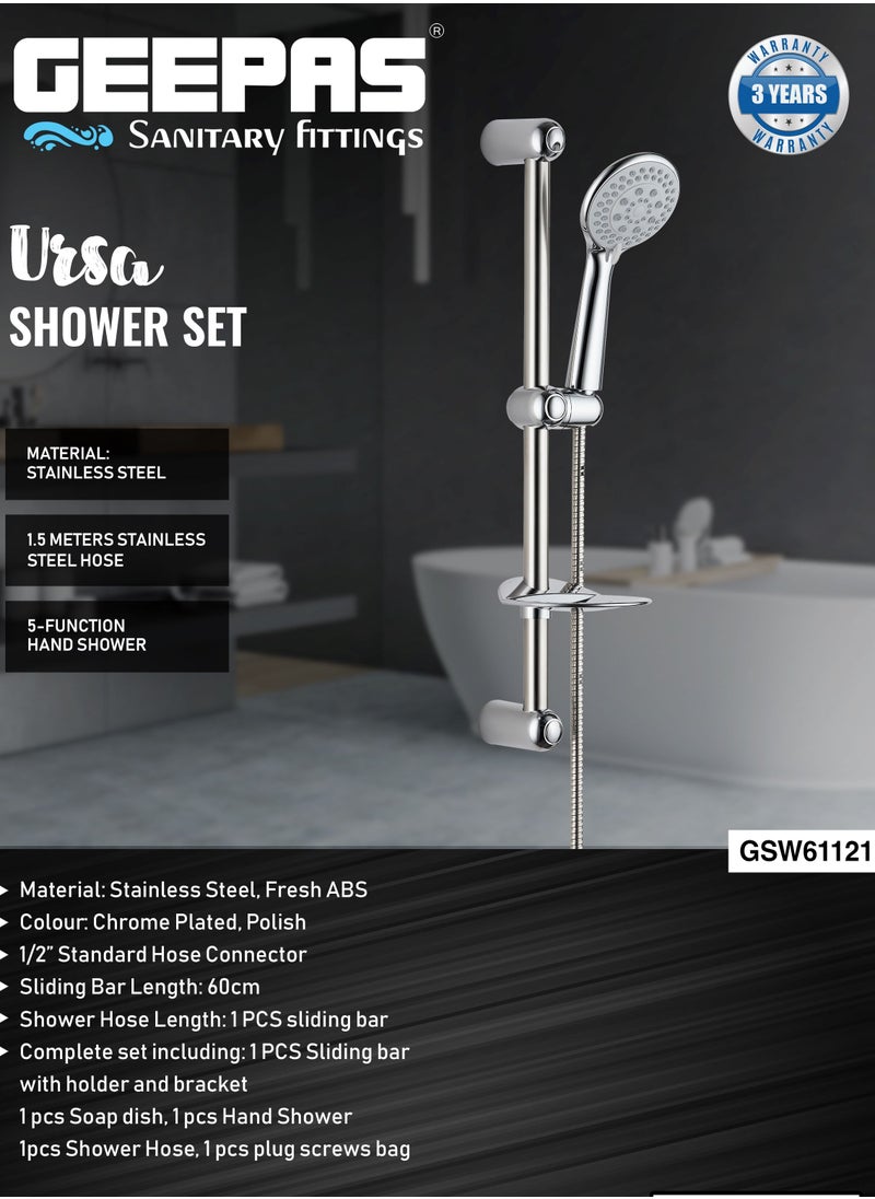 GEEPAS - Geepas Ursa Shower Set GSW61121, High Quality Material Bathroom Shower Set, Chrome Plated, Standard Hose Connector, Includes a Sliding Bar with Holder and Bracket, a Soap Dish, a Hand Shower - Image 1