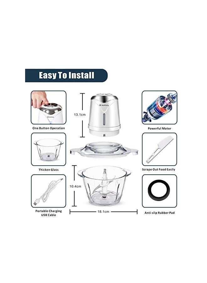 Sunfuny - Food Processor,Glass Vegetable Chopper Meat Grinder, Rechargeable Portable Mincer Blender with 1.2L Glass Bowl,4 Sharp Removable Blades, for Chop/Crush Ice/Mince/Grind/Puree, White - Image 1