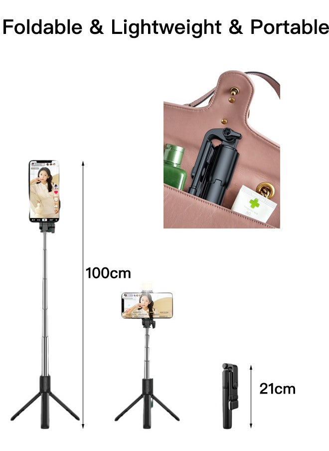 Portable 40 inch Selfie Stick with Wireless Remote,Fill Light and Extendable Tripod Stand 360 Rotation Compatible with iPhone and Android Samsung Smartphone, Black