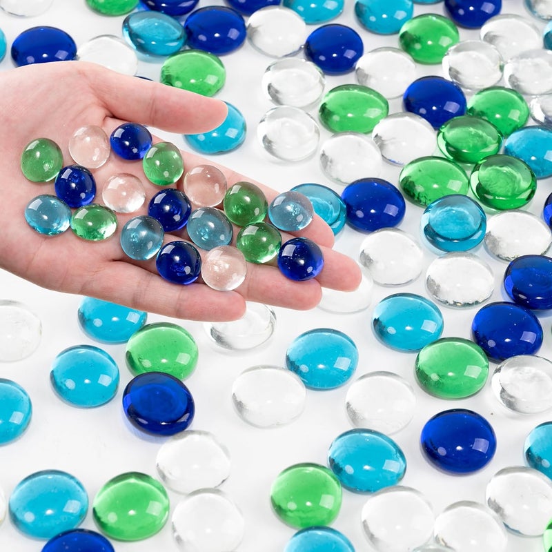 Foncomy Flat Glass Marbles, 0.97 lb Vase Filler Pebbles Gems, Decorative Glass Beads for Vases, Crafts, Floral, Mancala Stones, Aquarium Rocks for Fish Tank(Approx. 80-100 PCS),Mixed Green and Blue - Image 1