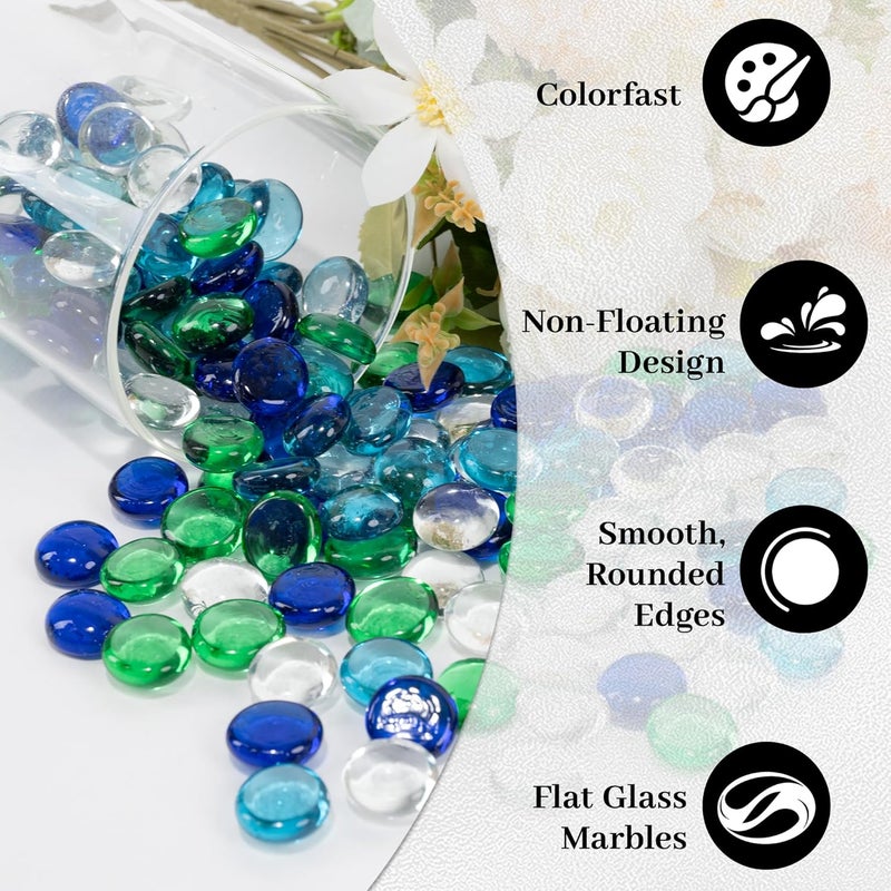 Foncomy Flat Glass Marbles, 0.97 lb Vase Filler Pebbles Gems, Decorative Glass Beads for Vases, Crafts, Floral, Mancala Stones, Aquarium Rocks for Fish Tank(Approx. 80-100 PCS),Mixed Green and Blue - Image 3