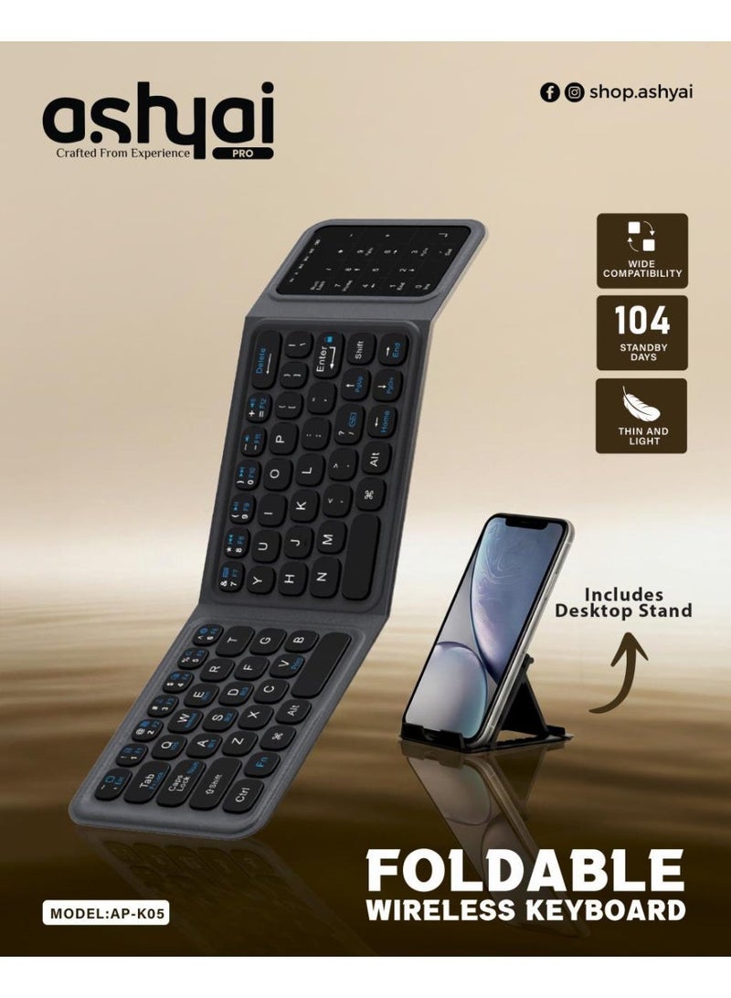 Ashyai Black Foldable wireless keyboard portable Folding Rechargeable Pocket Size Slim Lightweight compatible with all iPhone and android/Tablet/Smartphone/Smart TV/PC/Tablet(Android/iOS/Windows) - Image 1