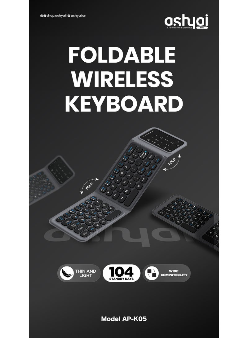 Ashyai Black Foldable wireless keyboard portable Folding Rechargeable Pocket Size Slim Lightweight compatible with all iPhone and android/Tablet/Smartphone/Smart TV/PC/Tablet(Android/iOS/Windows) - Image 5