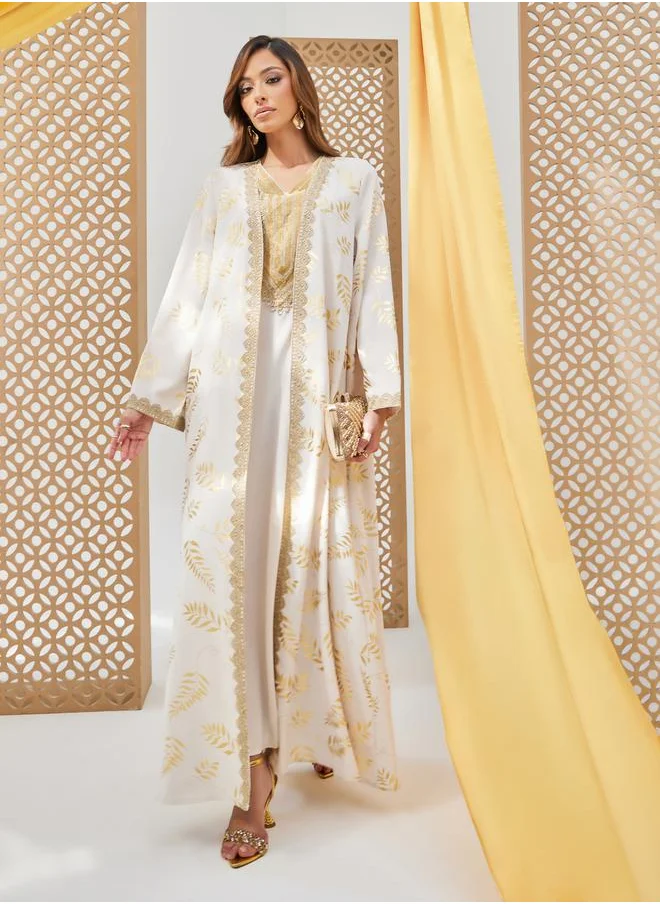 ستايلي Foil Printed Lace Trim Abaya and Slip Dress Set