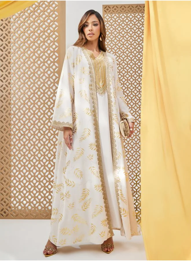 ستايلي Foil Printed Lace Trim Abaya and Slip Dress Set