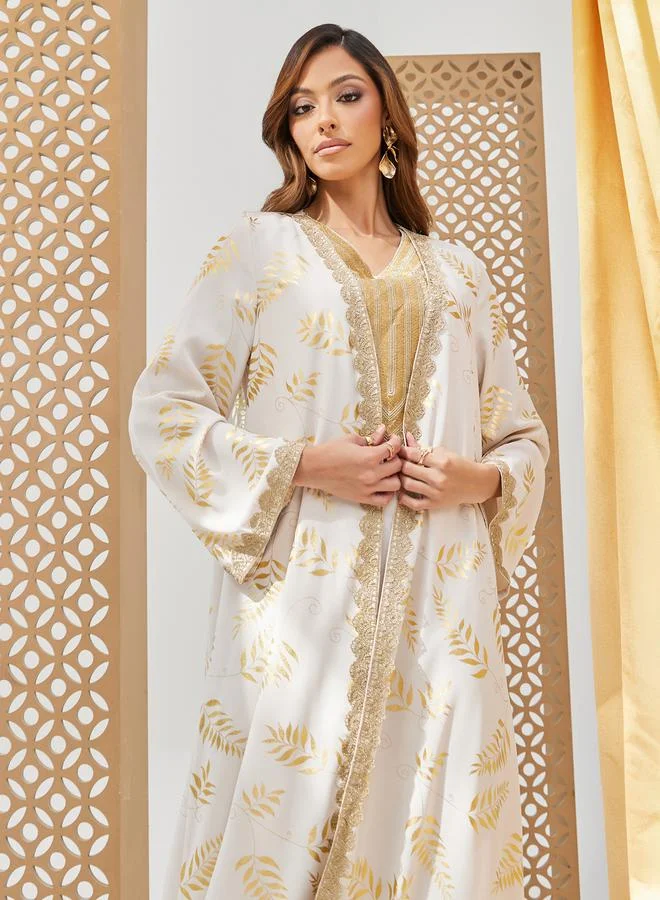 Styli Foil Printed Lace Trim Abaya and Slip Dress Set