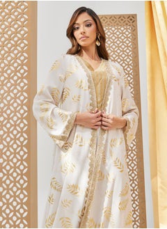 Styli Foil Printed Lace Trim Abaya and Slip Dress Set  - Image 3