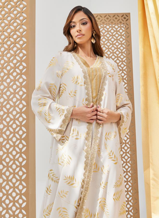 Styli Foil Printed Lace Trim Abaya and Slip Dress Set  - Image 3