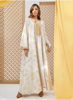 Styli Foil Printed Lace Trim Abaya and Slip Dress Set  - Image 2
