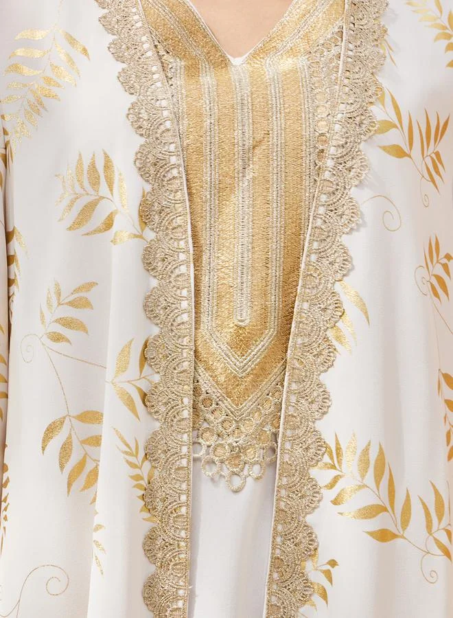Styli Foil Printed Lace Trim Abaya and Slip Dress Set