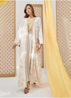 Styli Foil Printed Lace Trim Abaya and Slip Dress Set  - Image 1