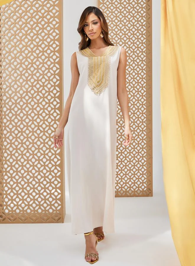 Styli Foil Printed Lace Trim Abaya and Slip Dress Set