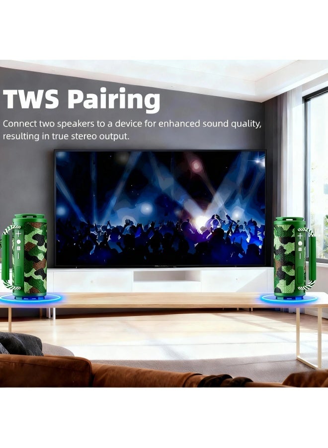 Portable Wireless Bluetooth Speaker with HD Sound, Bluetooth 5.4, 15W Dual Speaker, 16H Playtime, IPX7 Waterproof and Drop-Proof, TWS Pairing, for Outdoor/Home/Party/Beach (Round) - military green - Image 5