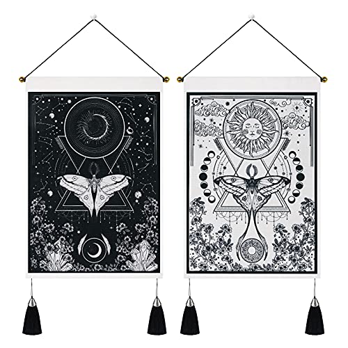 Jufay Pack of 2 Sun and Moon Tapestries - Black and White Tapestry with Flower Vine Design - Wall Hanging for Room (13.8 x 19.7 inches) - Image 1