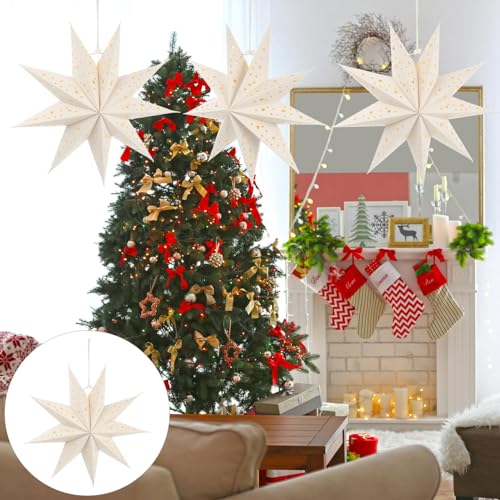 OSALADI 3Pcs Paper Star Lantern Lampshade 9 Pointed Star Hanging Decorations for Christmas New Year Wedding Party Holiday Birthday, 13.78 x 13.78 x 5.12 Inch - Image 5