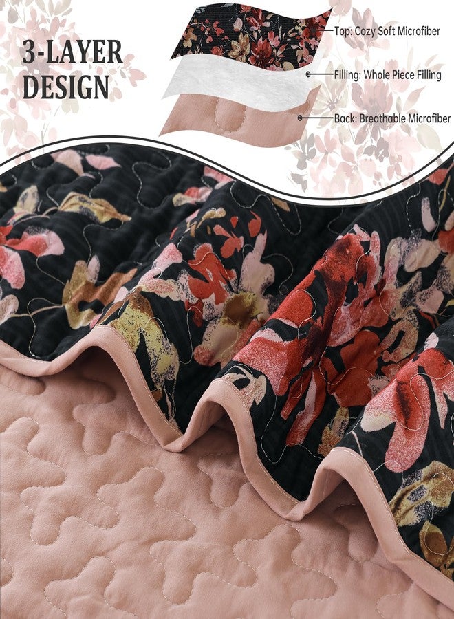 Dobuyly Floral Quilt Set King Size, Pink and Black Bedspreads Coverlet Set, 3 Pieces Soft Lightweight Microfiber Botanical Flowers Quilt Bedding Set for All Seasons 110"x90" - Image 5