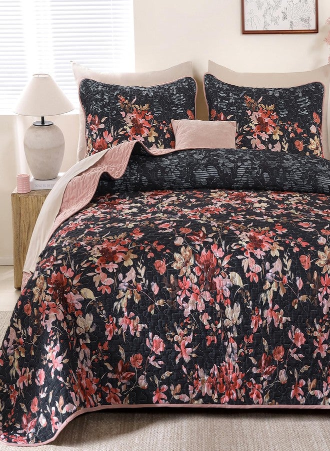 Dobuyly Floral Quilt Set King Size, Pink and Black Bedspreads Coverlet Set, 3 Pieces Soft Lightweight Microfiber Botanical Flowers Quilt Bedding Set for All Seasons 110"x90" - Image 1