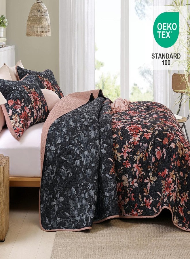 Dobuyly Floral Quilt Set King Size, Pink and Black Bedspreads Coverlet Set, 3 Pieces Soft Lightweight Microfiber Botanical Flowers Quilt Bedding Set for All Seasons 110"x90" - Image 3