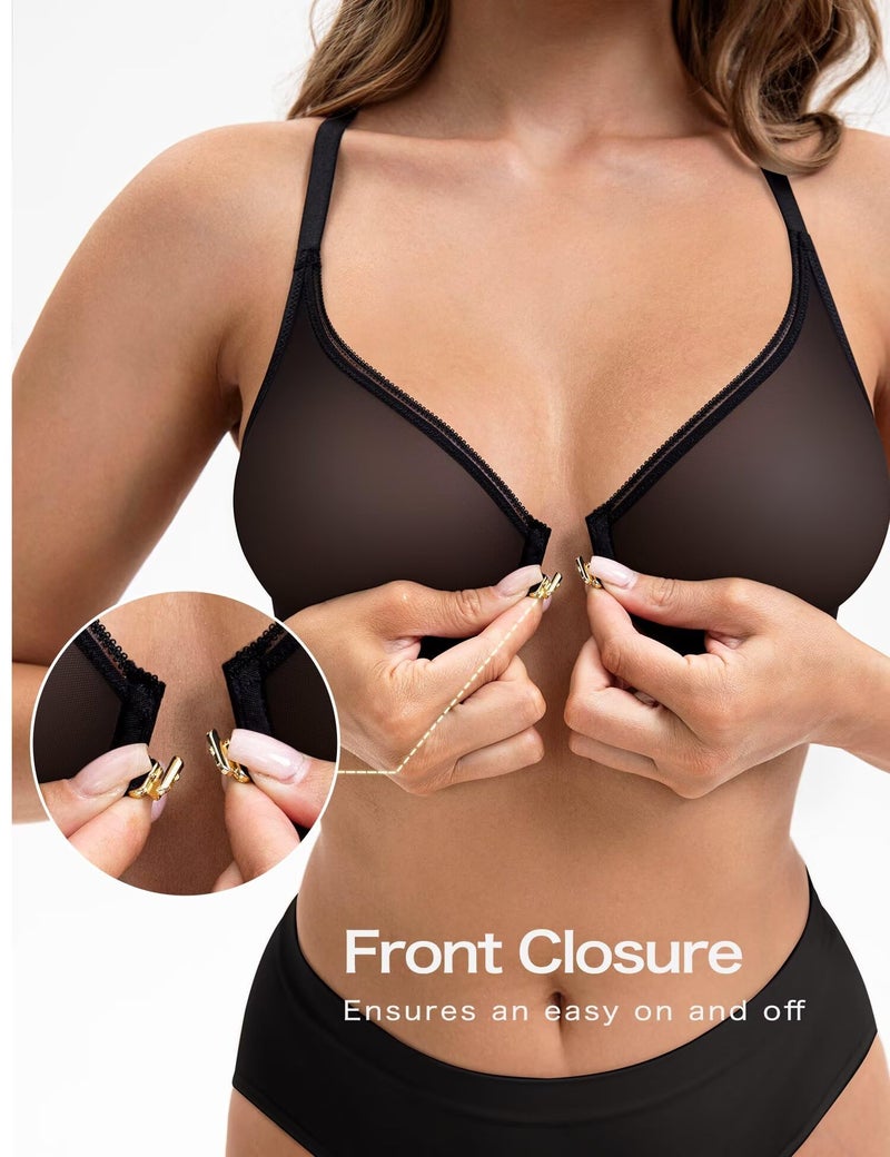 Deyllo Women's Front Closure Sexy See-Through Underwire Bra Sheer Unlined Racerback Bra for Everyday(Noir Black,38DD) - Image 4