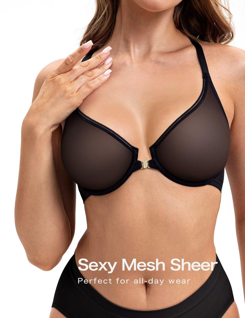 Deyllo Women's Front Closure Sexy See-Through Underwire Bra Sheer Unlined Racerback Bra for Everyday(Noir Black,38DD) - Image 5