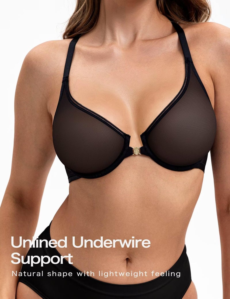 Deyllo Women's Front Closure Sexy See-Through Underwire Bra Sheer Unlined Racerback Bra for Everyday(Noir Black,38DD) - Image 2