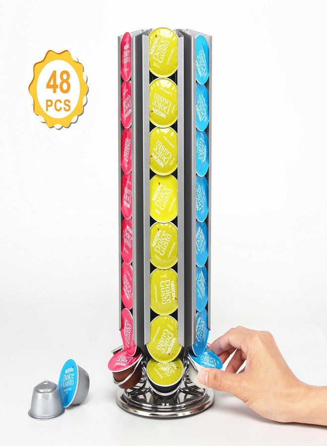 FlagShip Coffee Pod Capsule Holder for Dolce Gusto, Metal Carousel Capsules Pods Organizer Rack, 48 Pods Silver - Image 2