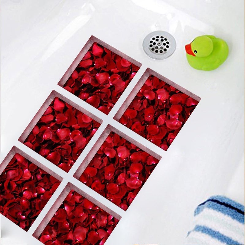 ChezMax Nature Series Bath Tub Tattoos Non Slip Tub Stickers 3D Stereoscopic Tub Decals Red Petal Pattern Tub Appliques 6 Pcs 5.9" X 5.9" - Image 1