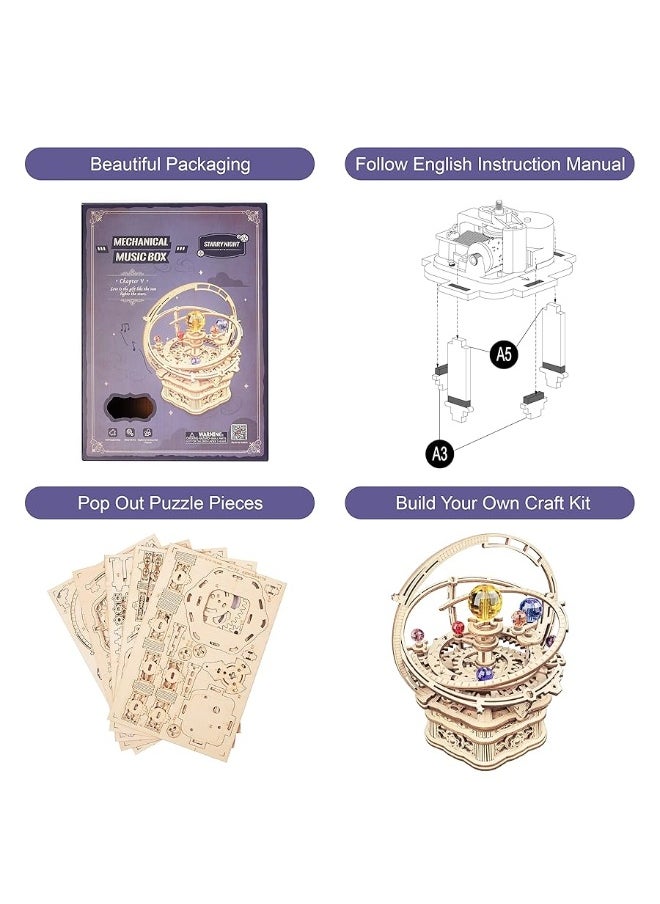 RoWood RoWood Music Box 3D Puzzles for Adults, DIY Wooden Mechanical Building Model Kits, Gift for Teens Kids on Children's Day/Birthday/Christmas - Starry Night  - Image 5