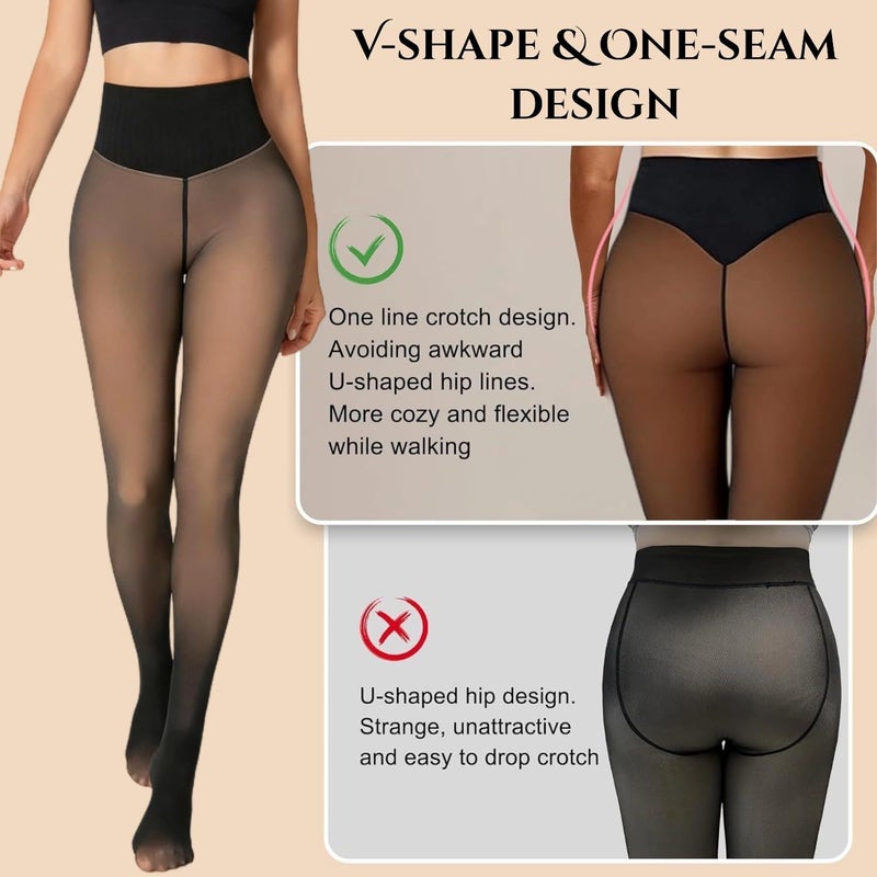 Apriddeo Women's Fake Sheer Thermal Tights - One-Seam Fleece Lined Leggings with Tummy Control & Butt Lifting - Image 3
