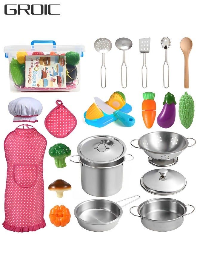 GROIC Kitchen Pretend Play Toys,Baking and Cooking Chef Costume Toys Set Include Apron Chef Hat Oven Mitt Spoons Spatula Cutting Vegetables and more  - Image 1