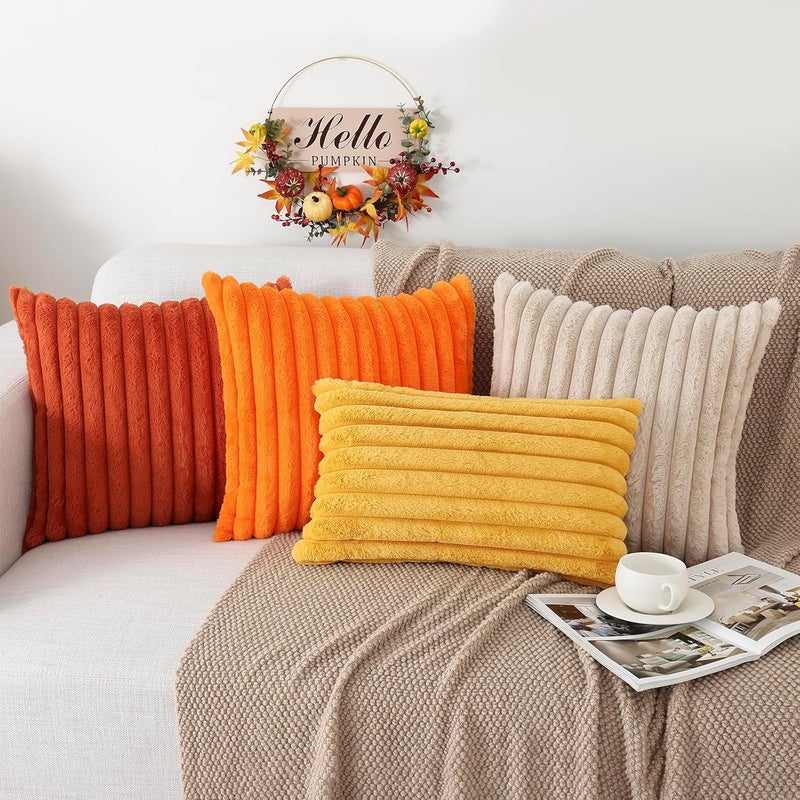 Pallene Faux Fur Plush Fall Throw Pillow Covers 22x22 Set of 2, Luxury Soft Fluffy Striped Decorative Pillow Covers for Sofa, Couch, Living Room, Rust - Image 5