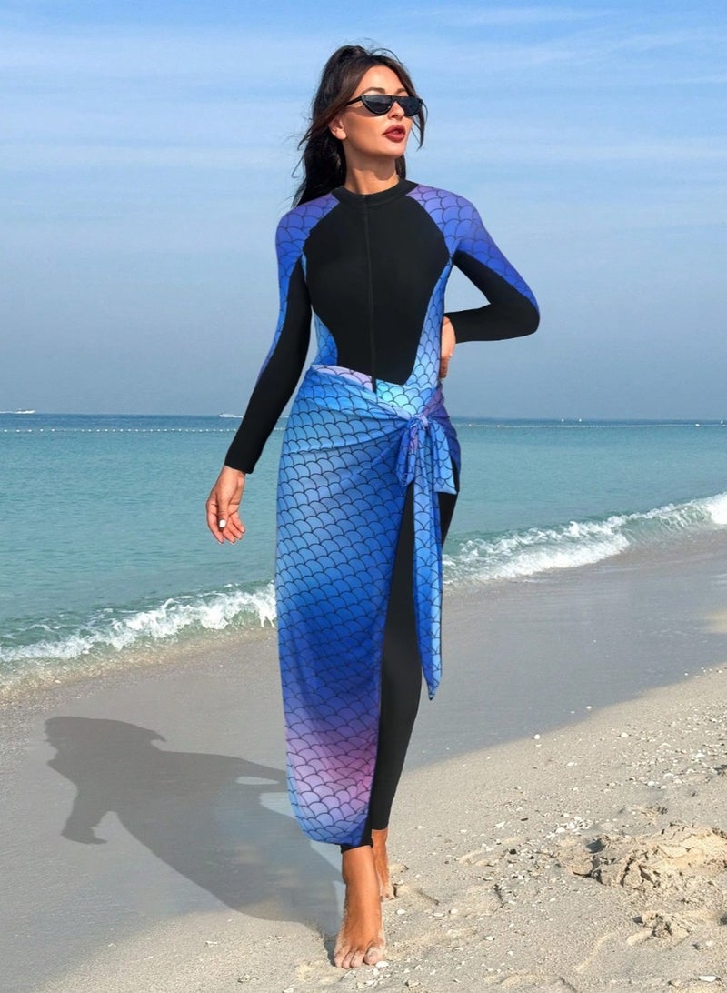 Women's burkini set in blue, purple and black with thin pants and apron 