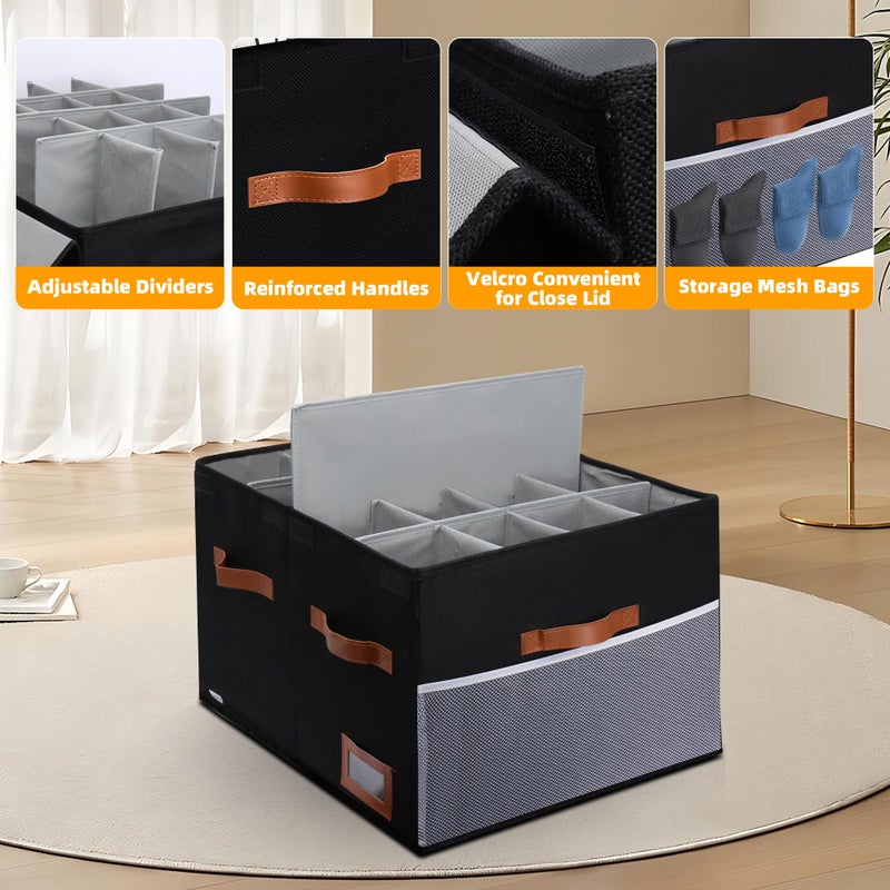 Supowin Shoe Organizer for Closet, Foldable Shoe Storage Bins with Lid & Adjustable Dividers, Fabric Shoe Box Storage Containers with Four Reinforced Handles, Fits 16 Pairs, 1 Pack, Black - Image 2