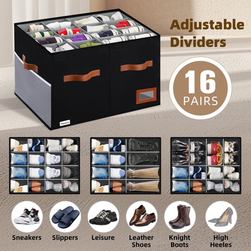 Supowin Shoe Organizer for Closet, Foldable Shoe Storage Bins with Lid & Adjustable Dividers, Fabric Shoe Box Storage Containers with Four Reinforced Handles, Fits 16 Pairs, 1 Pack, Black - Image 4