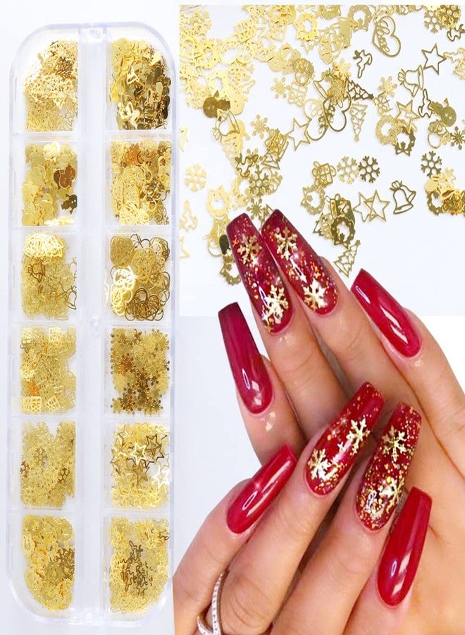 Tyemp Christmas Nail Art Glitter, 12 Grids Gold Snowflake Nail Charms Snowflakes Snowmen Elk Bell Gift Xmas Tree Christmas Nail Design Winter Confetti Glitter Sequins Manicure DIY Nail Decoration - Image 1