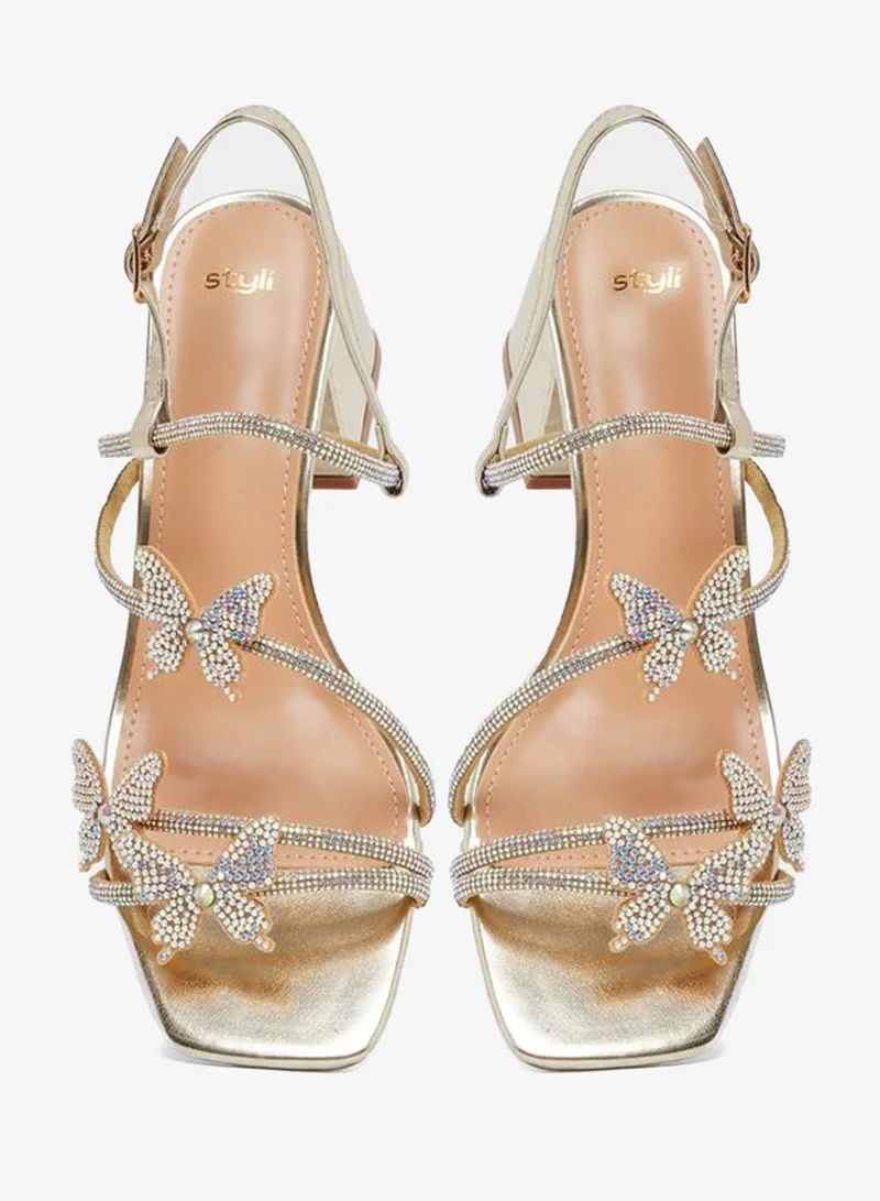 Styli Embellished Butterfly Block Heel Sandals