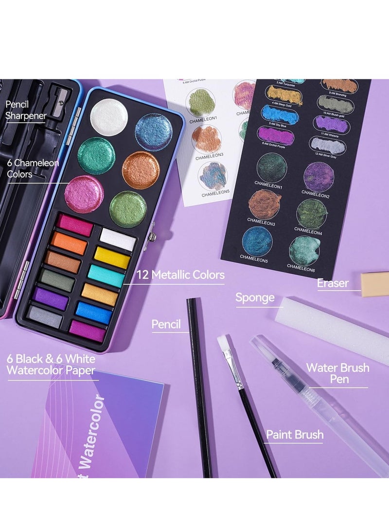 SOLARAE Watercolor Paint Set Portable Travel Watercolor Set with Water Brush Pen Pencil Eraser Watercolor for Adult Beginner 18 Colors Glitter Watercolor Paint 12 Metallic Colors 6 Chameleon Colors - Image 2