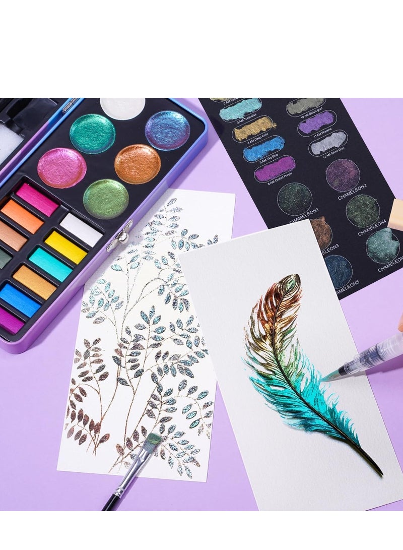 SOLARAE Watercolor Paint Set Portable Travel Watercolor Set with Water Brush Pen Pencil Eraser Watercolor for Adult Beginner 18 Colors Glitter Watercolor Paint 12 Metallic Colors 6 Chameleon Colors - Image 3