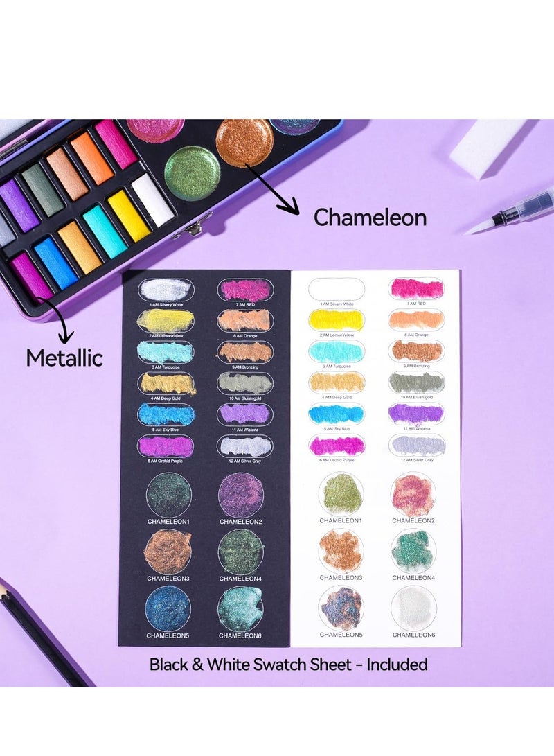 SOLARAE Watercolor Paint Set Portable Travel Watercolor Set with Water Brush Pen Pencil Eraser Watercolor for Adult Beginner 18 Colors Glitter Watercolor Paint 12 Metallic Colors 6 Chameleon Colors - Image 5
