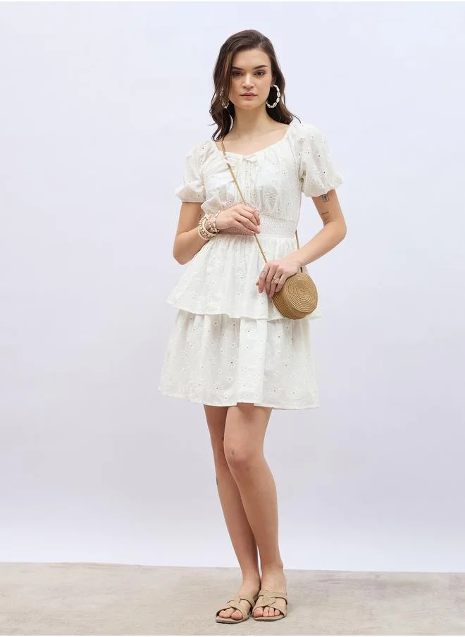 Styli Styli Schiffli Puff Sleeve Smocked Detail Knee-Length Dress