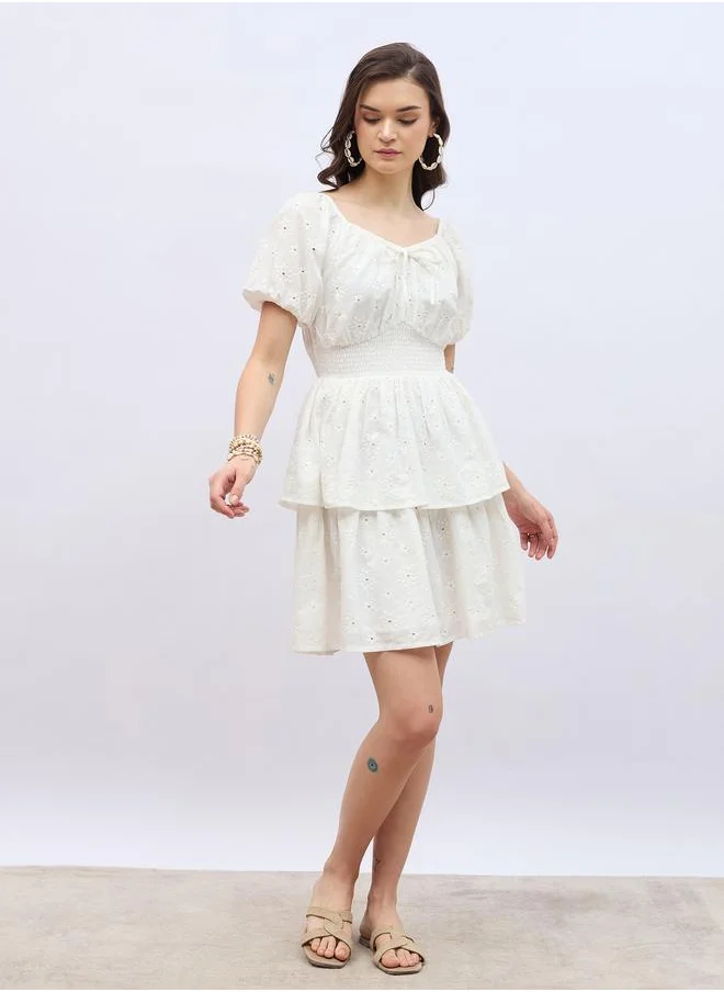Styli Styli Schiffli Puff Sleeve Smocked Detail Knee-Length Dress