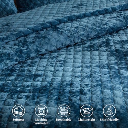 Wondnuga Velvet Quilt Queen Comforter Set - Luxury Soft Velvet Bedding Set for All Season, Bedspreads Queen Size Lightweight Quilt with 2 Pillow Shams, Blue, Diamond - Image 3