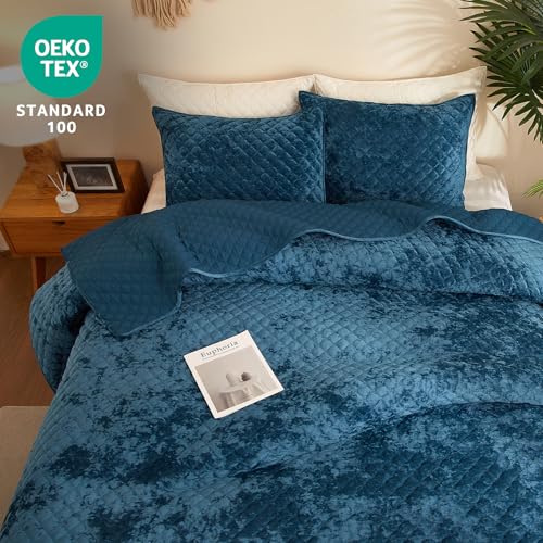 Wondnuga Velvet Quilt Queen Comforter Set - Luxury Soft Velvet Bedding Set for All Season, Bedspreads Queen Size Lightweight Quilt with 2 Pillow Shams, Blue, Diamond - Image 2