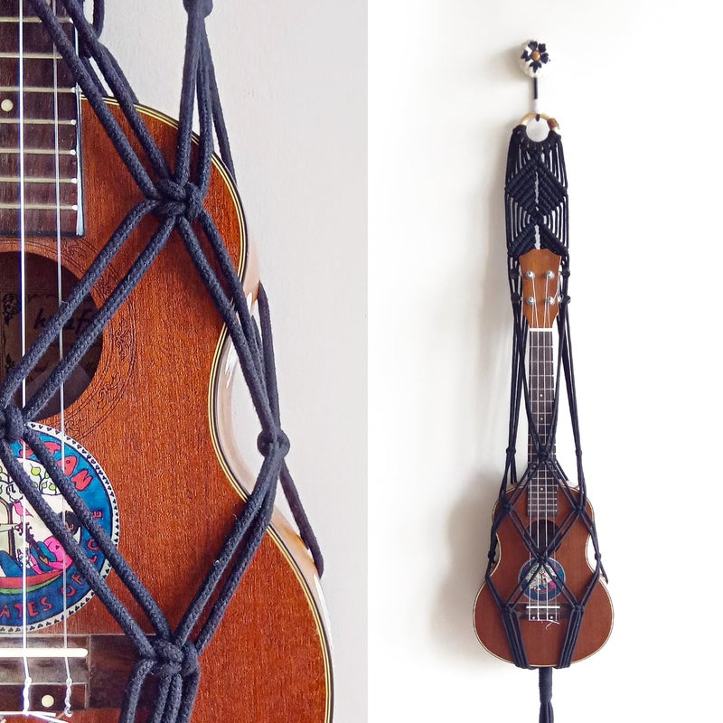 शिल्पShop ShilpShop Black Macrame Ukulele Hanger for Tenor and Concert | Guitar Wall Hanging | Hook Not Included (Black) - Image 3